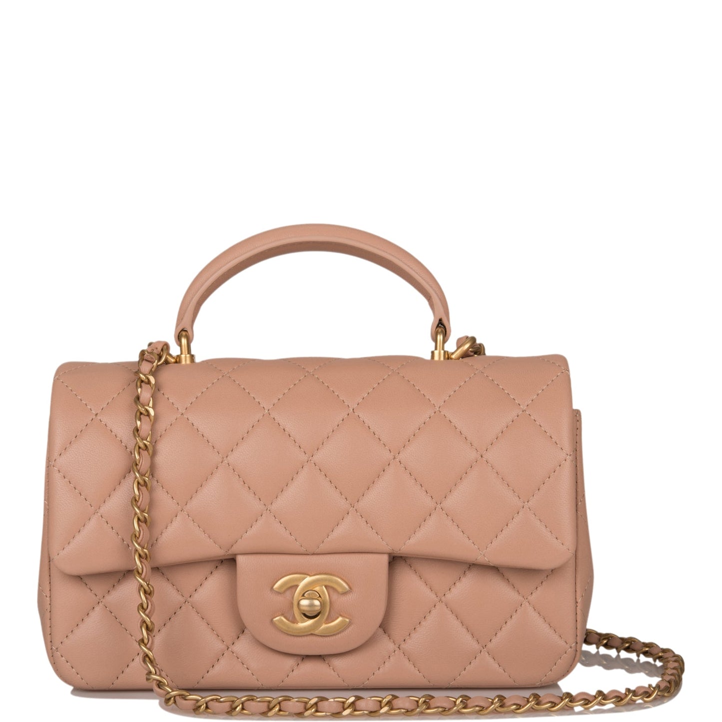 Chanel Mini Rectangular Flap With Top Handle Beige Lambskin Antique Gold Hardware