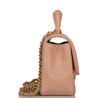 Chanel Mini Rectangular Flap With Top Handle Beige Lambskin Antique Gold Hardware