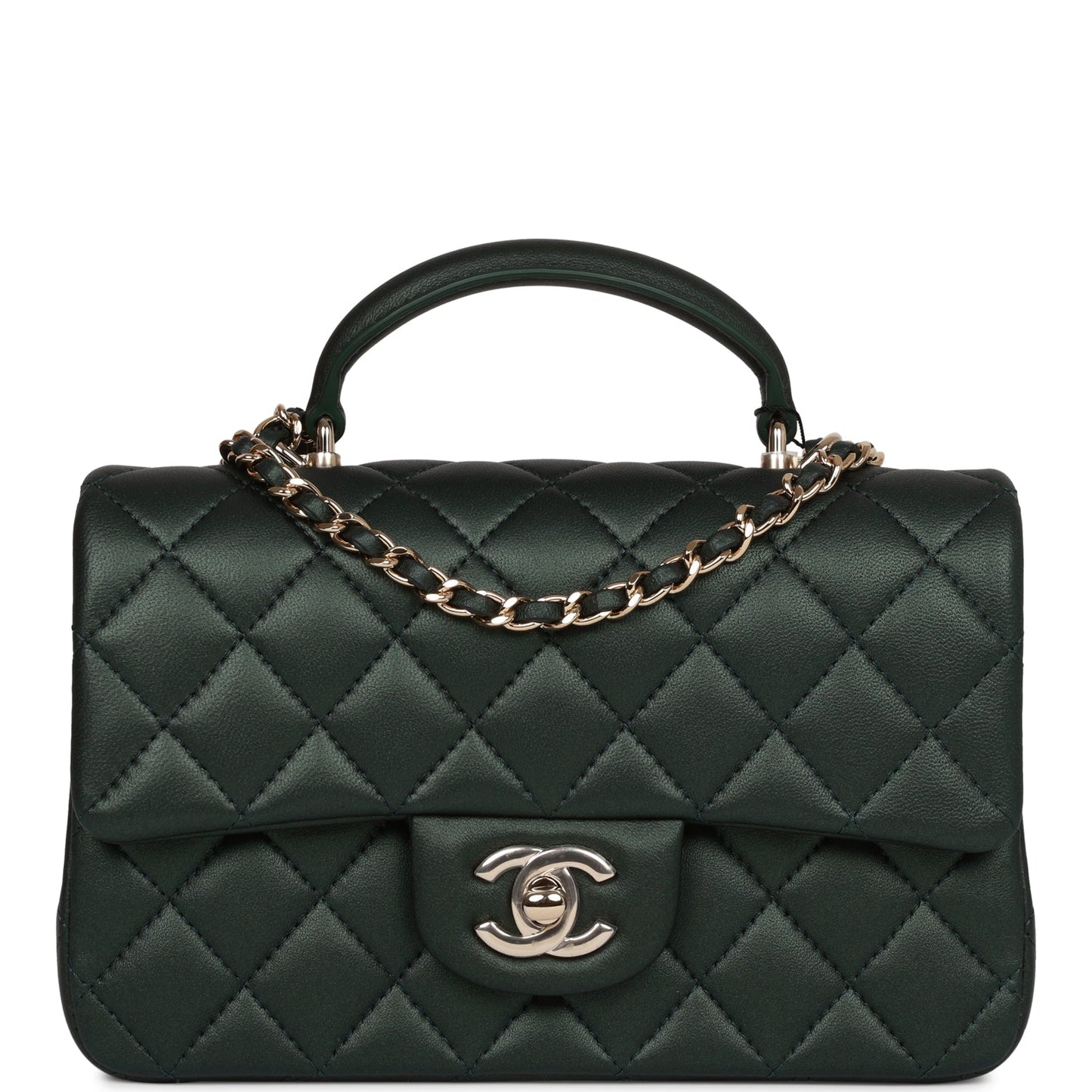 Chanel Mini Rectangular Flap With Top Handle Dark Green Lambskin Light Gold Hardware