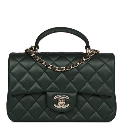 Chanel Mini Rectangular Flap With Top Handle Dark Green Lambskin Light Gold Hardware