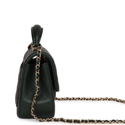 Chanel Mini Rectangular Flap With Top Handle Dark Green Lambskin Light Gold Hardware