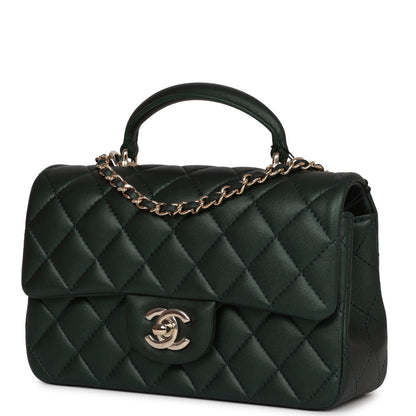 Chanel Mini Rectangular Flap With Top Handle Dark Green Lambskin Light Gold Hardware
