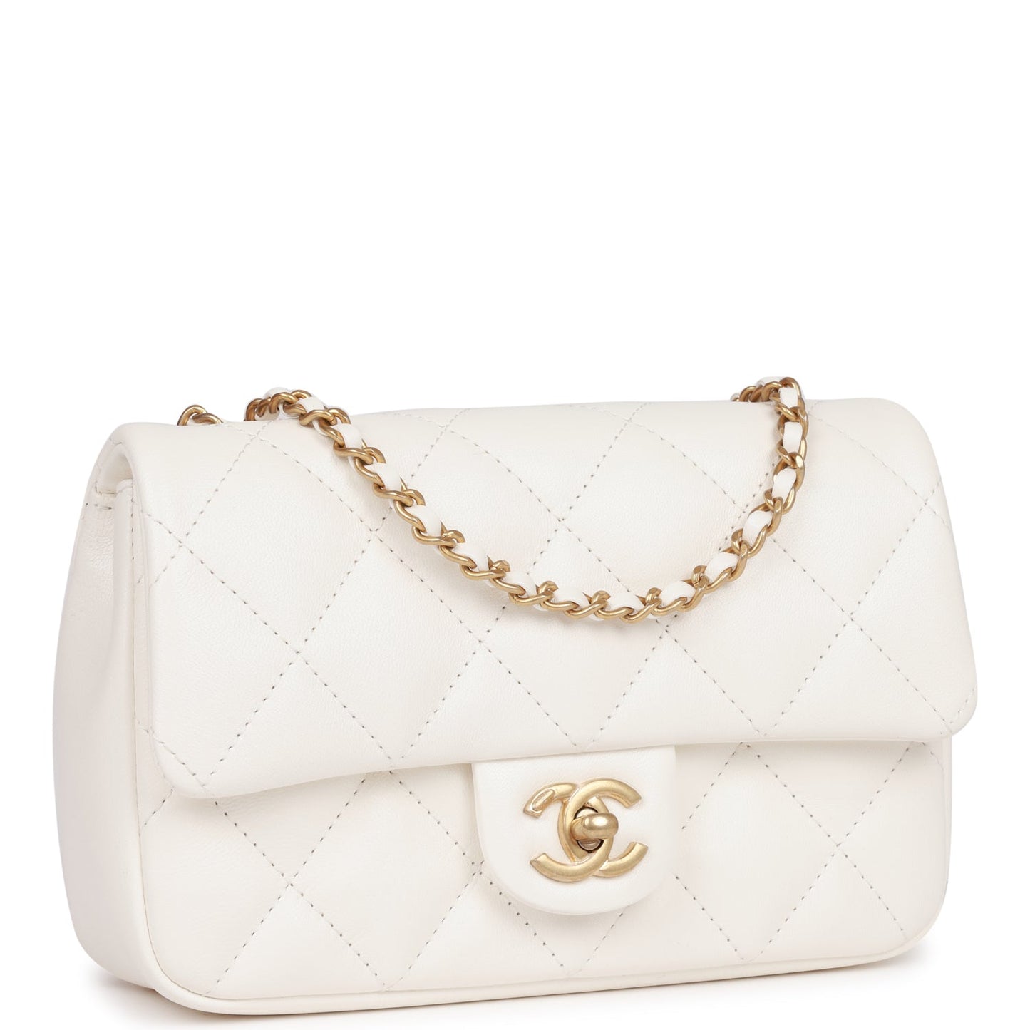 Chanel Mini Rectangular Flap Bag With Heart Chain White Lambskin Antique Gold Hardware