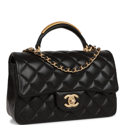 Chanel Rectangular Mini Flap Bag With Top Handle Black Lambskin Antique Gold Hardware