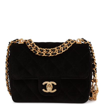 Chanel Mini Flap Bag Black Velvet Enamel And Gold Hardware
