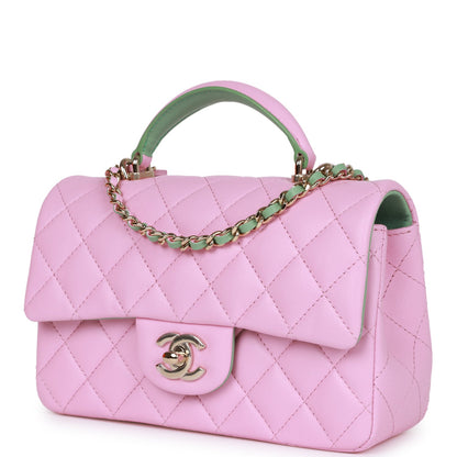 Chanel Mini Rectangular Flap With Top Handle Lilac And Green Lambskin Light Gold Hardware