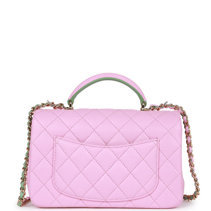 Chanel Mini Rectangular Flap With Top Handle Lilac And Green Lambskin Light Gold Hardware
