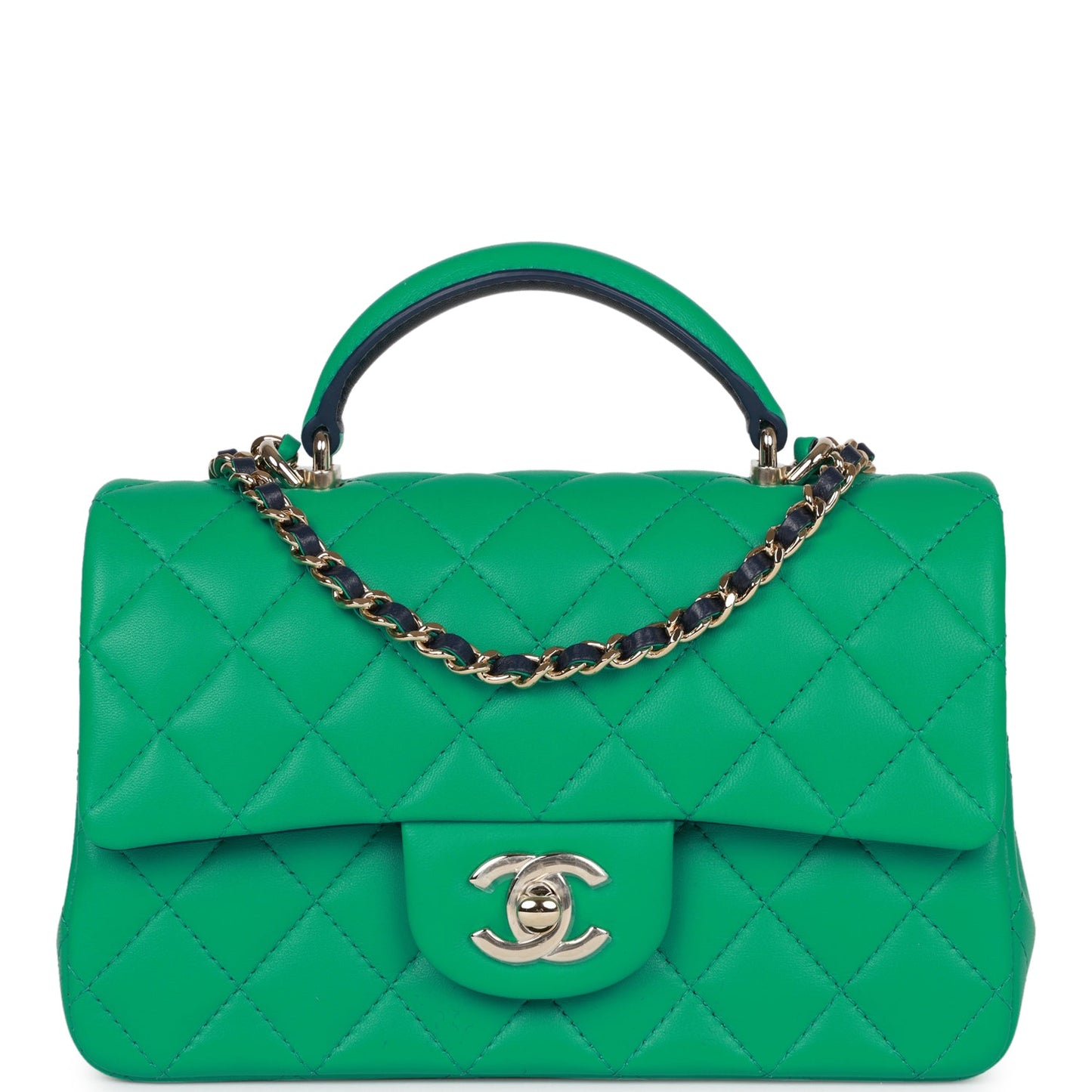 Chanel Mini Rectangular Flap With Top Handle Green And Navy Blue Lambskin Light Gold Hardware