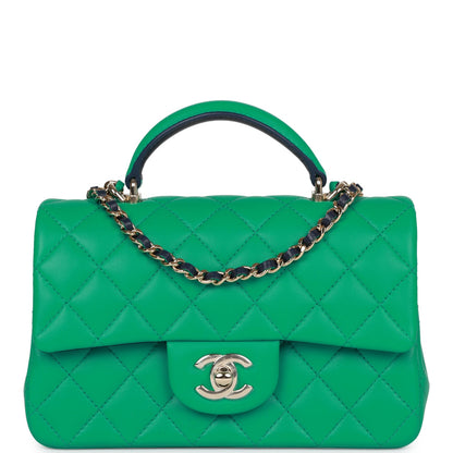 Chanel Mini Rectangular Flap With Top Handle Green And Navy Blue Lambskin Light Gold Hardware