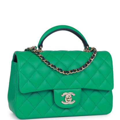 Chanel Mini Rectangular Flap With Top Handle Green And Navy Blue Lambskin Light Gold Hardware