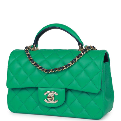 Chanel Mini Rectangular Flap With Top Handle Green And Navy Blue Lambskin Light Gold Hardware