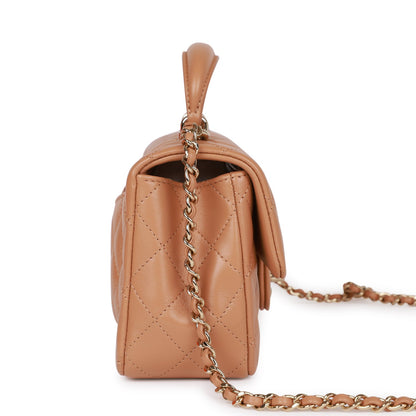 Chanel Mini Rectangular Flap With Top Handle Caramel Lambskin Light Gold Hardware