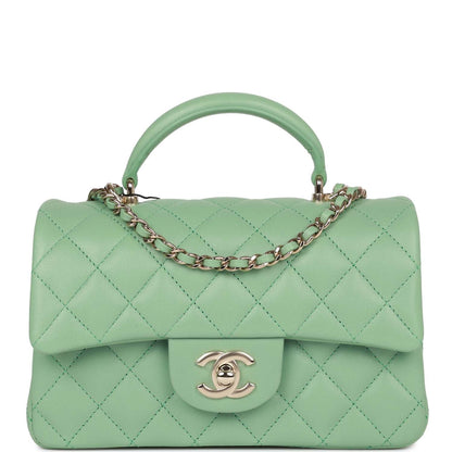Chanel Mini Rectangular Flap With Top Handle Light Green Lambskin Light Gold Hardware