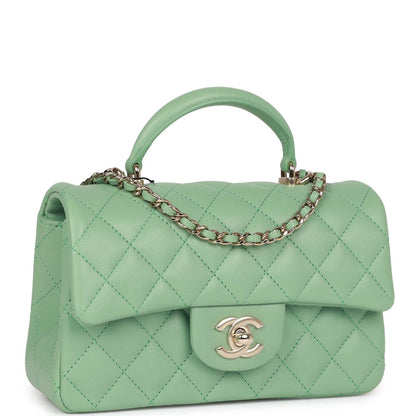 Chanel Mini Rectangular Flap With Top Handle Light Green Lambskin Light Gold Hardware