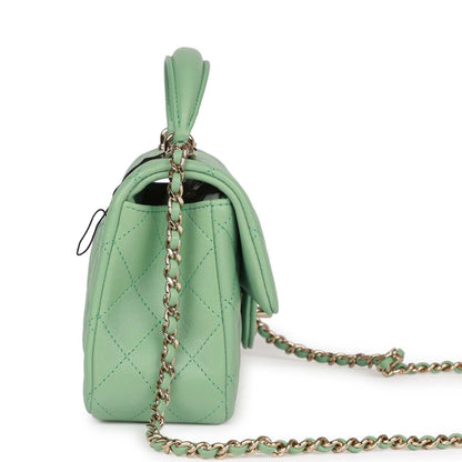 Chanel Mini Rectangular Flap With Top Handle Light Green Lambskin Light Gold Hardware