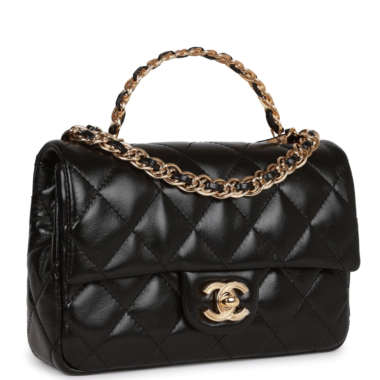 Chanel Mini Rectangular Flap With Top Handle Black Lambskin Gold Hardware