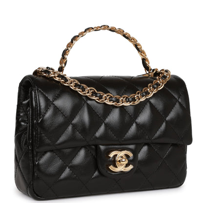 Chanel Mini Rectangular Flap With Top Handle Black Lambskin Gold Hardware