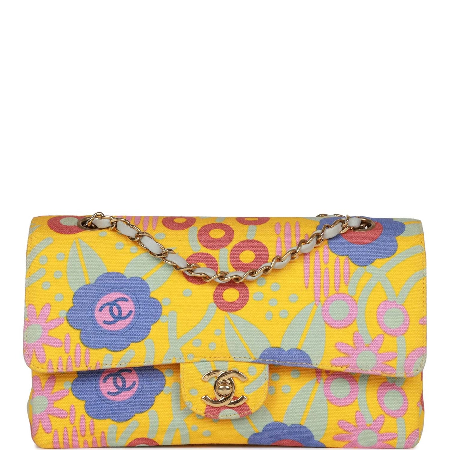 Chanel Medium Classic Double Flap Bag Yellow And Multicolor Floral Print Canvas Gold Hardware