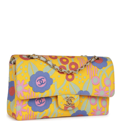 Chanel Medium Classic Double Flap Bag Yellow And Multicolor Floral Print Canvas Gold Hardware