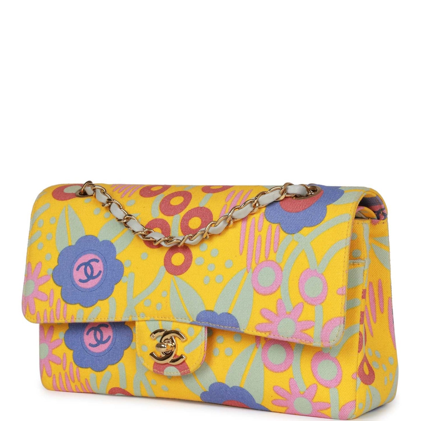 Chanel Medium Classic Double Flap Bag Yellow And Multicolor Floral Print Canvas Gold Hardware