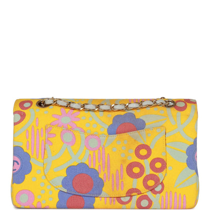 Chanel Medium Classic Double Flap Bag Yellow And Multicolor Floral Print Canvas Gold Hardware