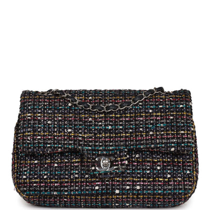 Chanel Medium Classic Double Flap Bag White And Black Tweed Boucle Silver Hardware