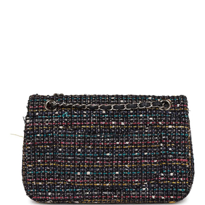 Chanel Medium Classic Double Flap Bag White And Black Tweed Boucle Silver Hardware