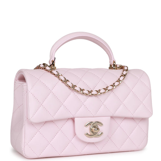 Chanel Mini Rectangular Flap Bag With Top Handle Light Pink Lambskin Light Gold Hardware