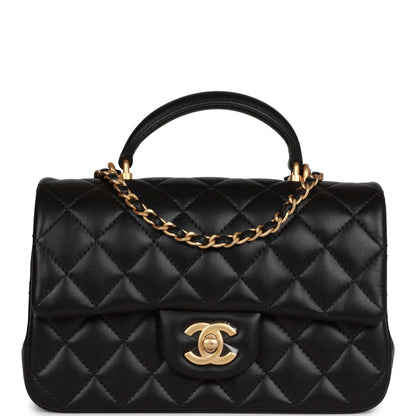 Chanel Mini Rectangular Flap With Top Handle Black Lambskin Antique Gold Hardware