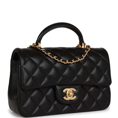 Chanel Mini Rectangular Flap With Top Handle Black Lambskin Antique Gold Hardware