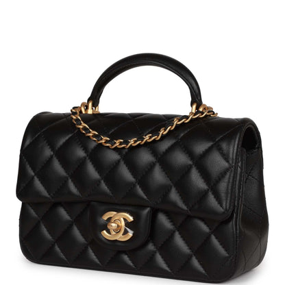Chanel Mini Rectangular Flap With Top Handle Black Lambskin Antique Gold Hardware