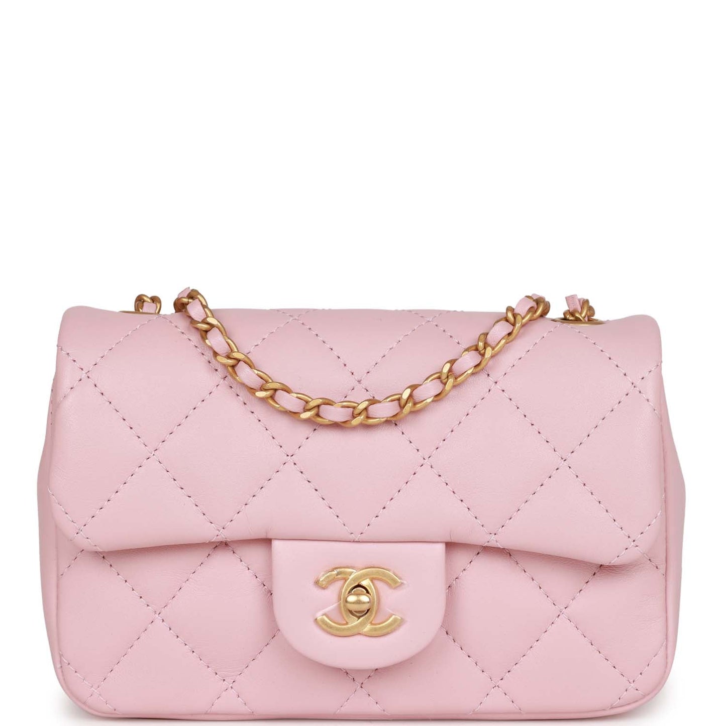 Chanel Mini Rectangular Flap Bag With Heart Chain Pink Lambskin Antique Gold Hardware