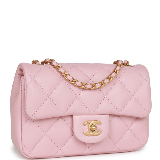 Chanel Mini Rectangular Flap Bag With Heart Chain Pink Lambskin Antique Gold Hardware