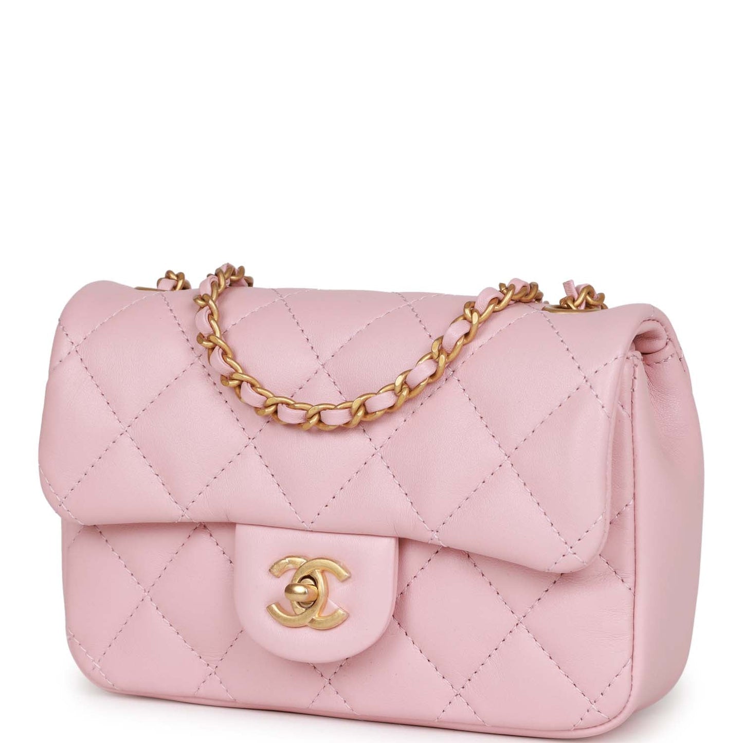 Chanel Mini Rectangular Flap Bag With Heart Chain Pink Lambskin Antique Gold Hardware