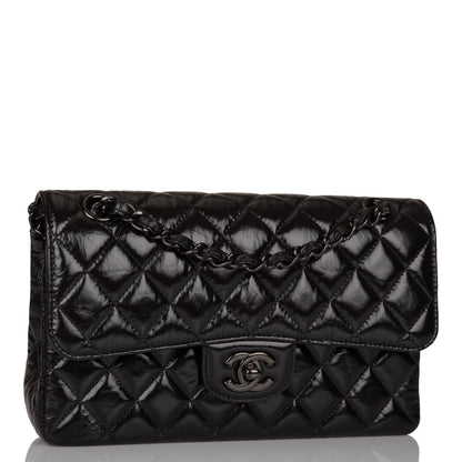 Chanel Small Classic Double Flap Shiny So Black Crumpled Calfskin Black Hardware