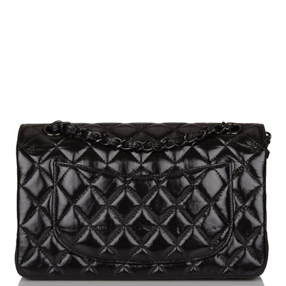 Chanel Small Classic Double Flap Shiny So Black Crumpled Calfskin Black Hardware