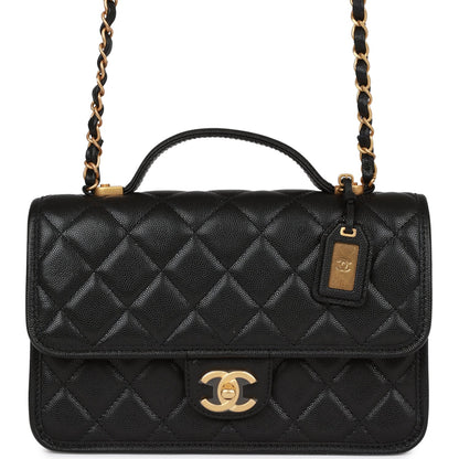 Chanel School Memory Top Handle Flap Bag Black Caviar Antique Gold Hardware