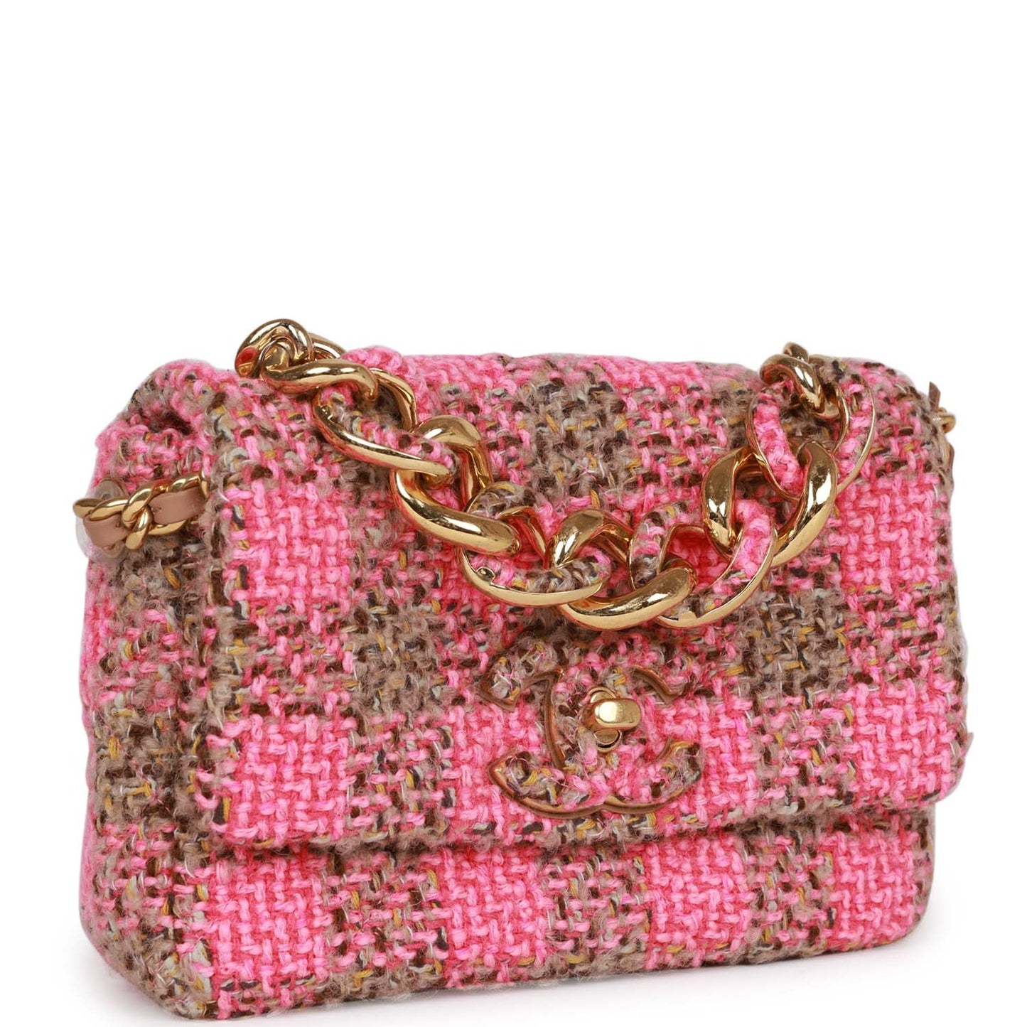 Chanel Small Elegant Chain Flap Bag Pink And Beige Tweed Gold Hardware