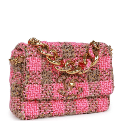 Chanel Small Elegant Chain Flap Bag Pink And Beige Tweed Gold Hardware