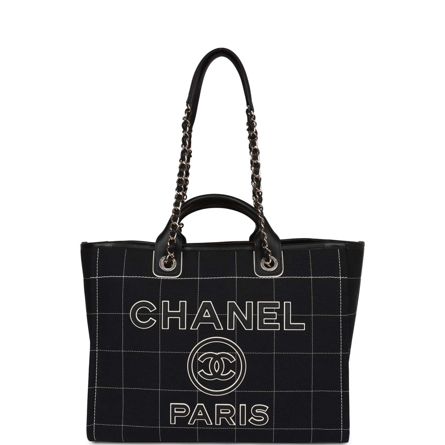 Chanel Large Deauville Shopping Bag Black And White Grid Light Gold Hardware
