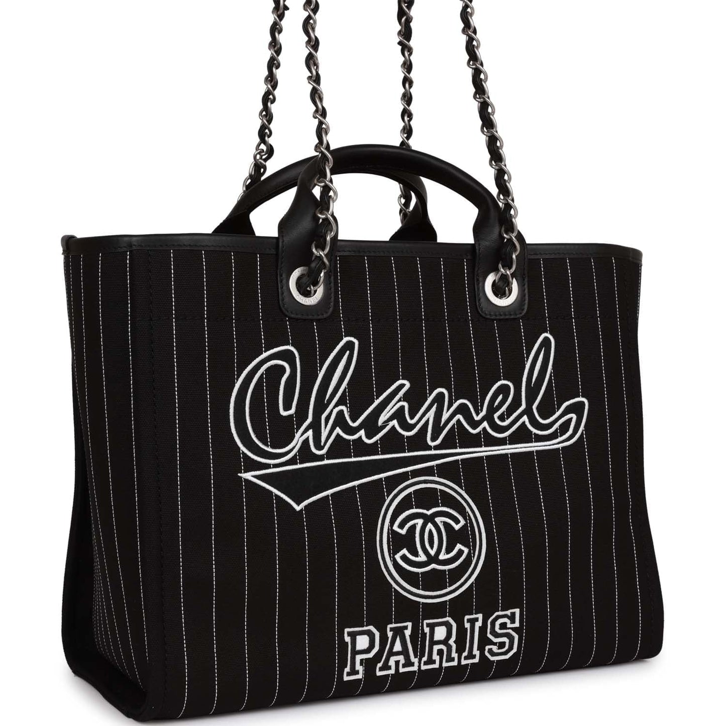 Chanel Large Deauville Shopping Bag Black And White Pinstripe Ruthenium Hardware