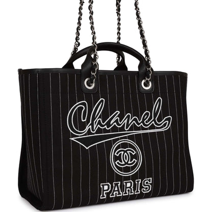 Chanel Large Deauville Shopping Bag Black And White Pinstripe Ruthenium Hardware
