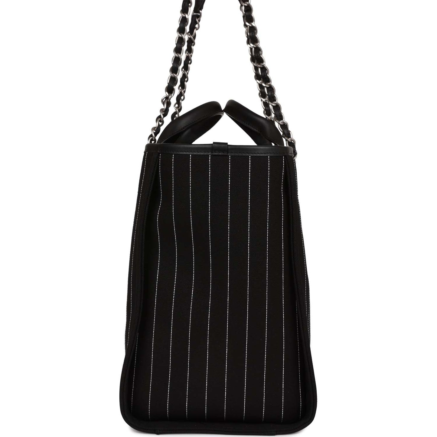 Chanel Large Deauville Shopping Bag Black And White Pinstripe Ruthenium Hardware