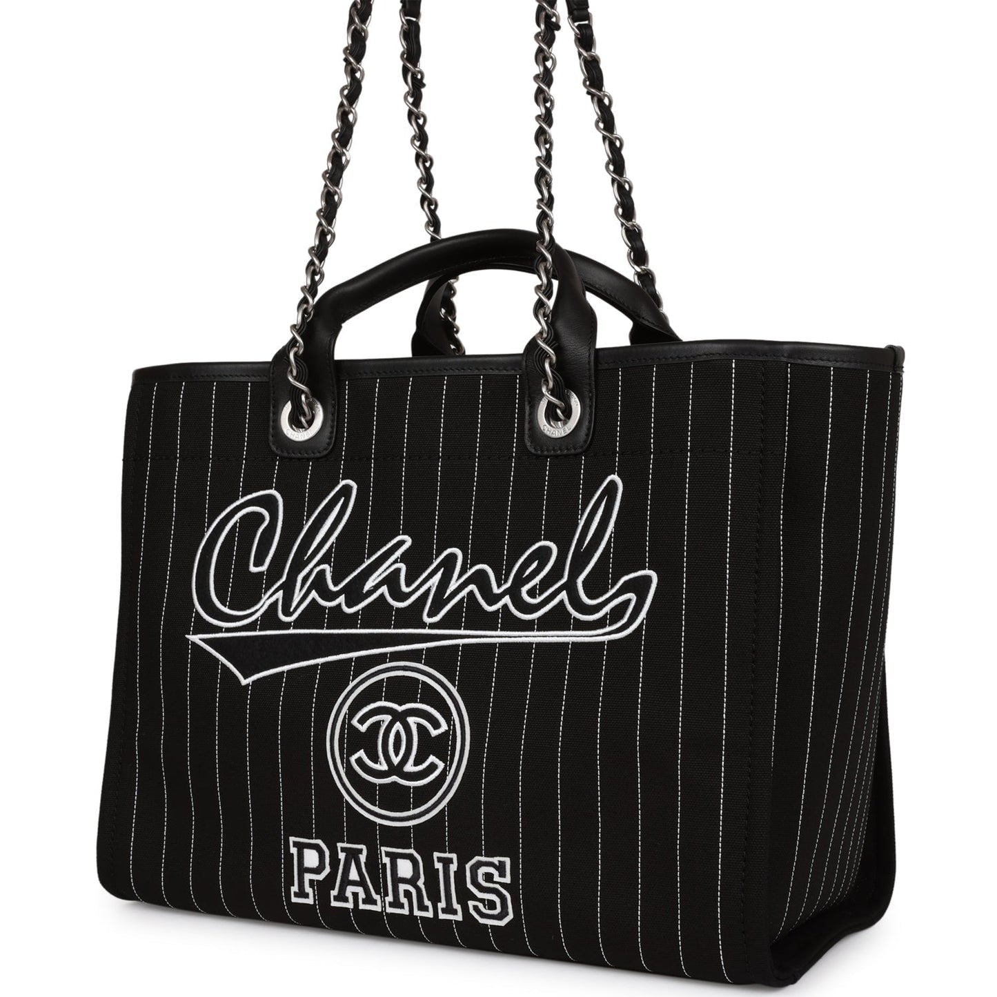 Chanel Large Deauville Shopping Bag Black And White Pinstripe Ruthenium Hardware