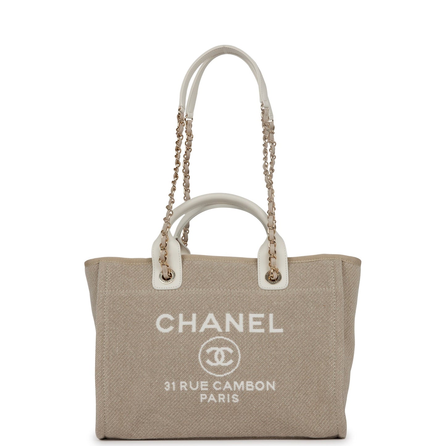 Chanel Small Deauville Shopping Bag White And Beige Boucle Light Gold Hardware