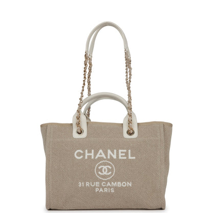 Chanel Small Deauville Shopping Bag White And Beige Boucle Light Gold Hardware