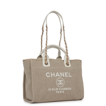 Chanel Small Deauville Shopping Bag White And Beige Boucle Light Gold Hardware