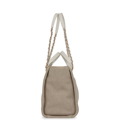 Chanel Small Deauville Shopping Bag White And Beige Boucle Light Gold Hardware