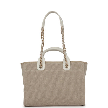 Chanel Small Deauville Shopping Bag White And Beige Boucle Light Gold Hardware