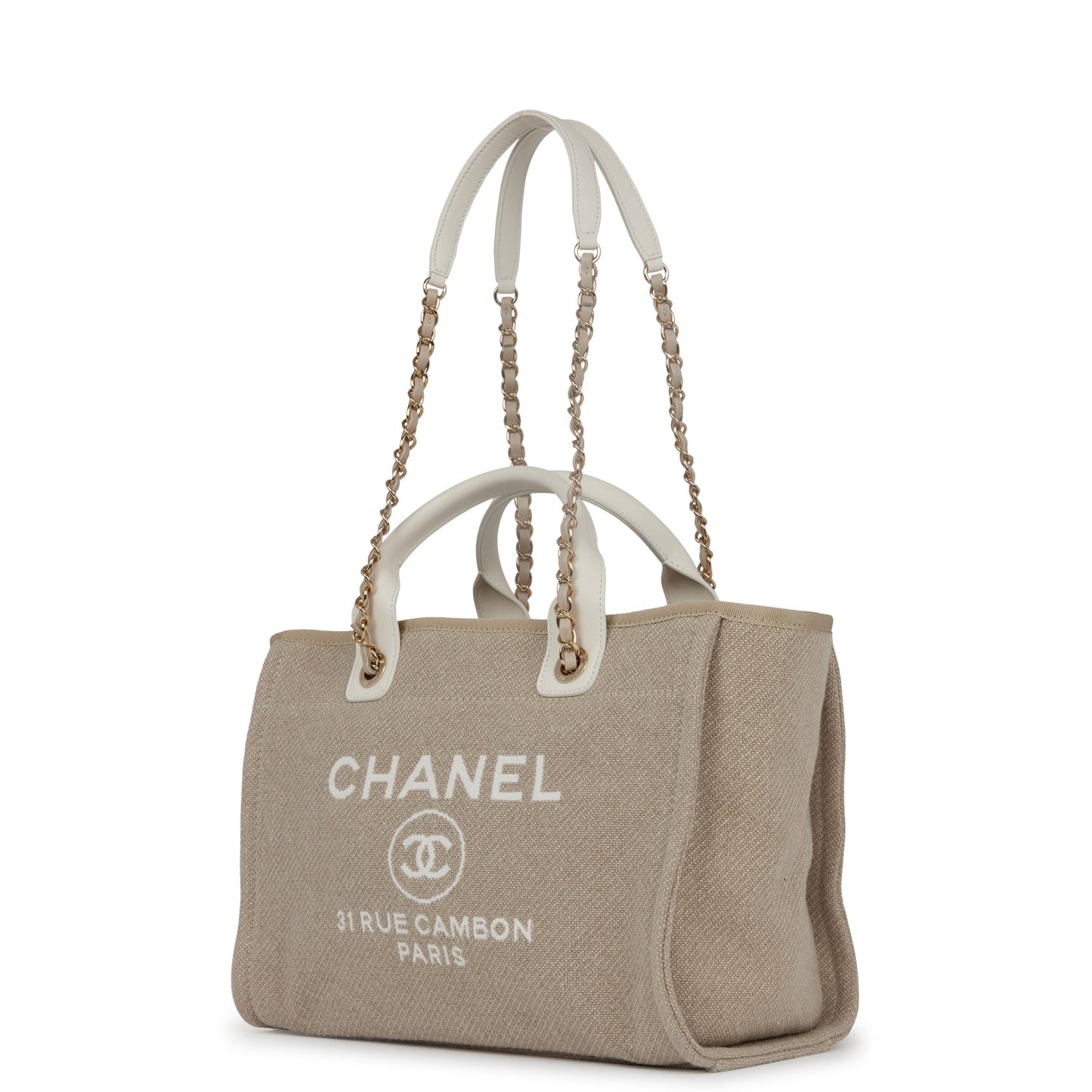 Chanel Small Deauville Shopping Bag White And Beige Boucle Light Gold Hardware